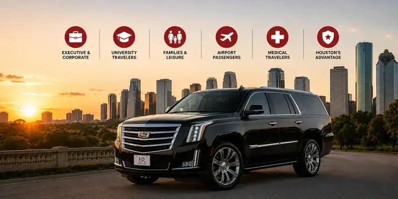Cadillac Escalade in Houston serving executives, university travelers, families, airport passengers, and medical travelers with luxury long-distance transportation across Texas.